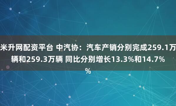 米升网配资平台 中汽协：汽车产销分别完成259.1万辆和259.3万辆 同比分别增长13.3%和14.7%